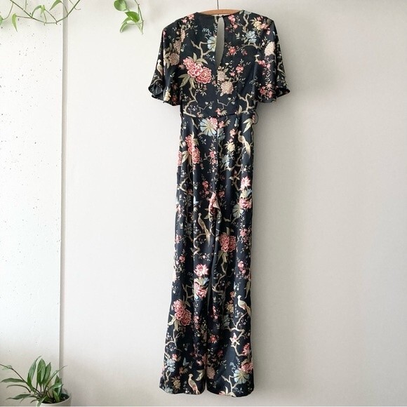 H&M Jumpsuit Black Botanical Floral Bird Chinoiserie Flutter Sleeve 0 - Picture 4 of 5